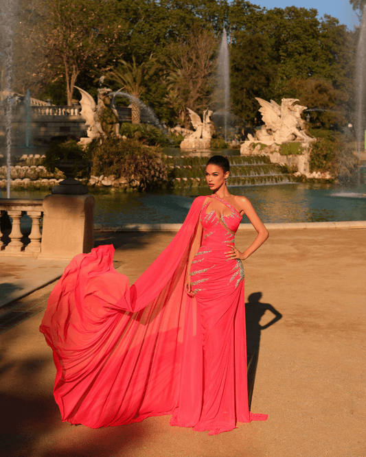 Alesia PinkLong Dress, with Side Cape and Crystals