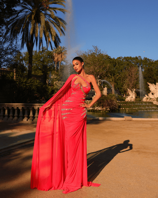 Alesia PinkLong Dress, with Side Cape and Crystals