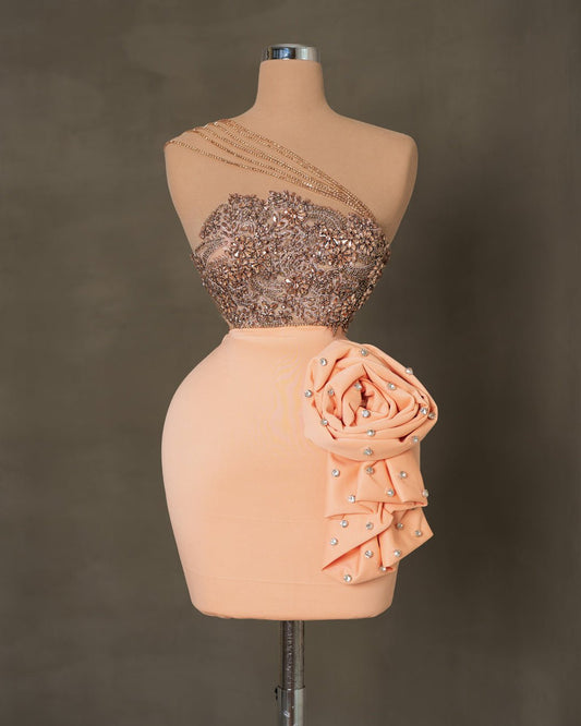 Amina Peach Short Dress with Flowers