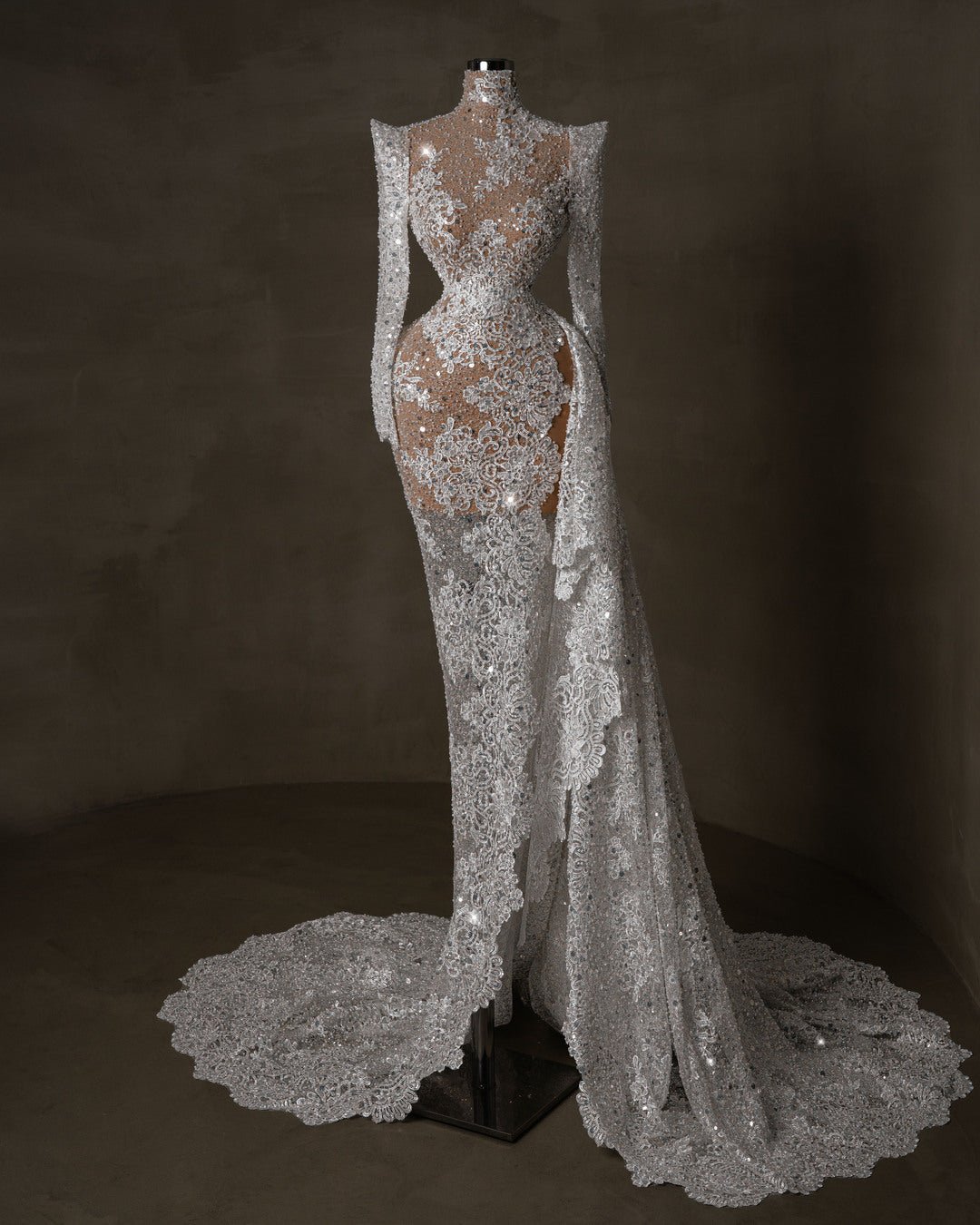 Elegant White Bridal Gown with High Neck and Sleeves