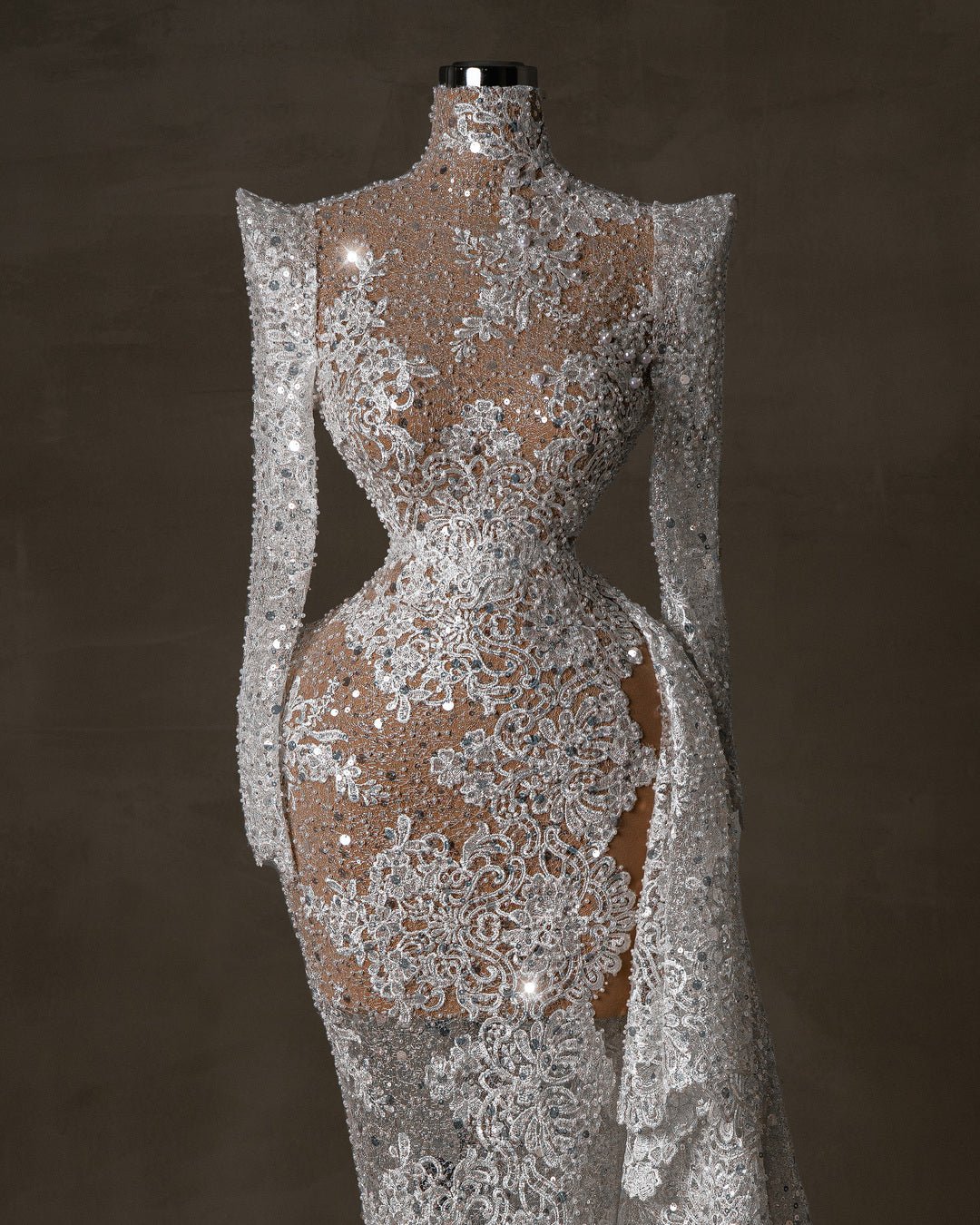 High Neck Bridal Dress with Lace and Pearl Embellishments