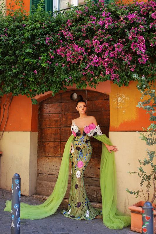 Angelica Green Dress with Flowers and Capes