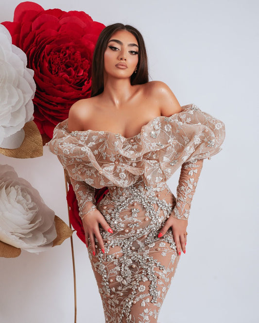 Luxurious long off shoulder dress in beige with silver crystal details