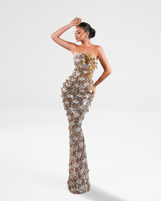 Anuya Gold Long Sleeveless Dress with Crystals and Flowers
