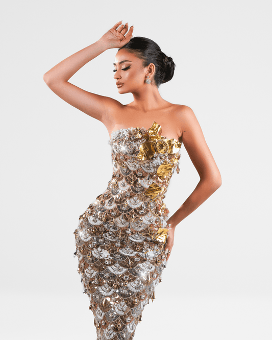 Anuya Gold Long Sleeveless Dress with Crystals and Flowers