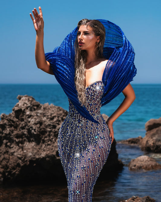 Aqualína Blue Sleeveless Dress with Organdy Shoulder Details