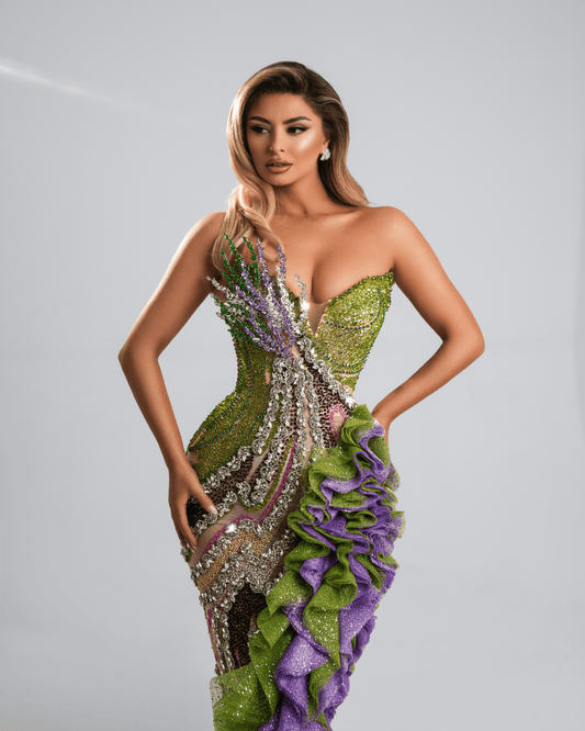 Aques Long Dress, with Crystals and 3D Design