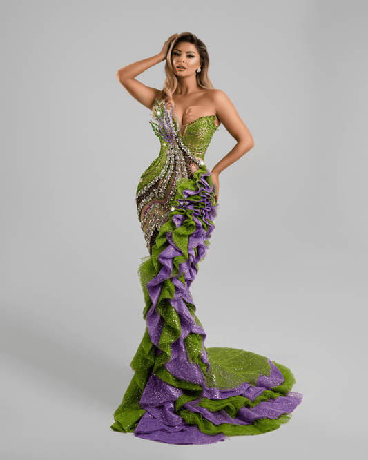 Aques Long Dress, with Crystals and 3D Design