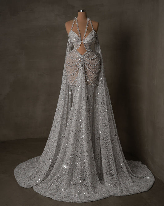 Elegant hot bridal dress with halter neckline and dramatic train