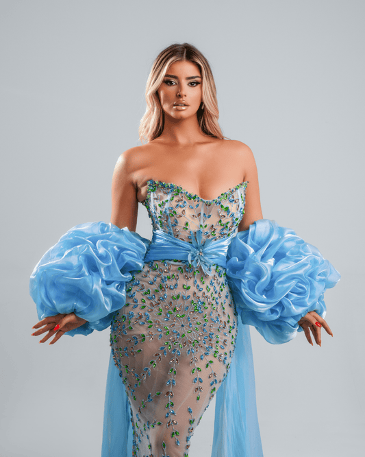 Aroneye Blue Dress with Crystals and Cape