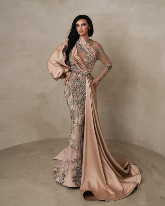 Astraea Beige Dress with Flowing Side Cape