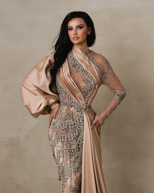 Astraea Beige Dress with Flowing Side Cape