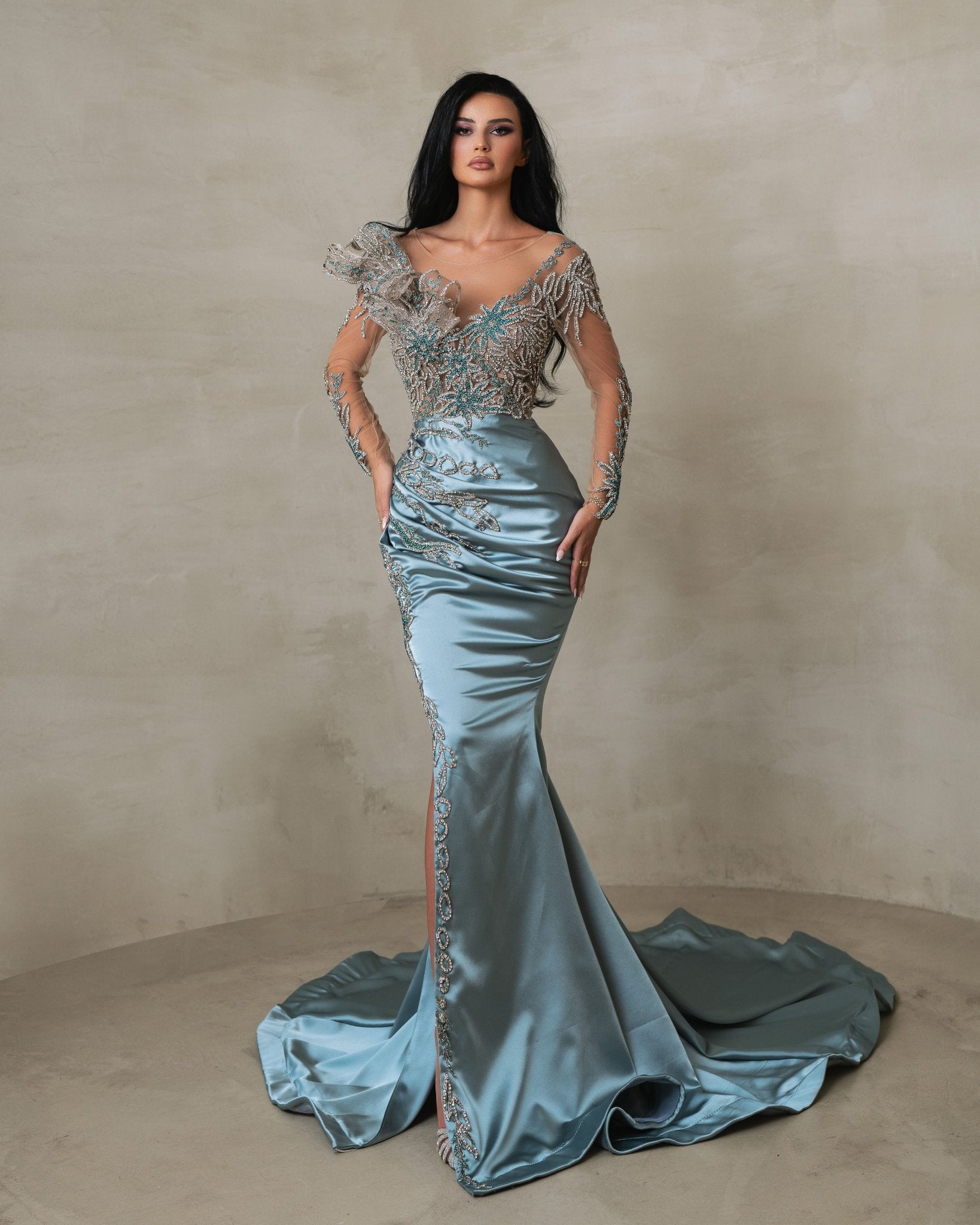 Athenara Dusty Blue Long Sleeve Satin Dress - Blini Fashion House Blue Deep Slit Light Blue ...