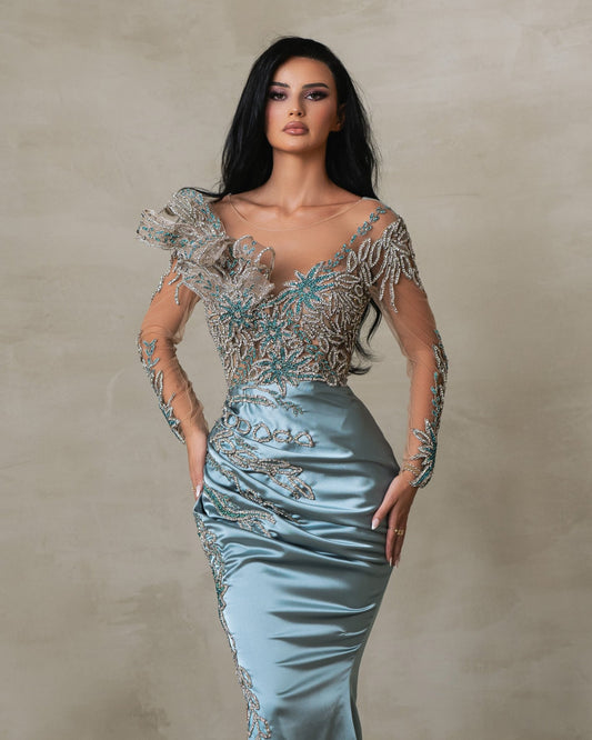 Athenara Dusty Blue Long Sleeve Satin Dress