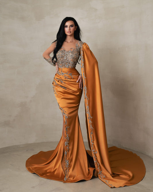 Aurelia Orange Satin Dress with Arm Cape