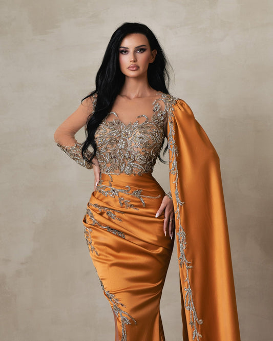 Aurelia Orange Satin Dress with Arm Cape