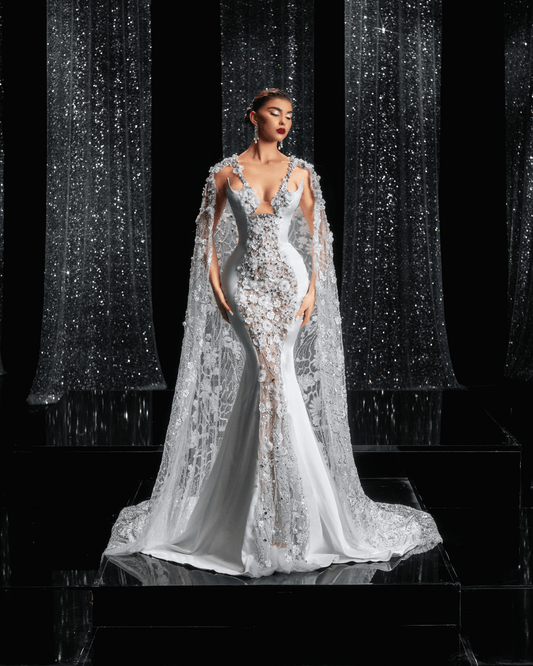 Aurora Bridal Dress with Cape and Pearls