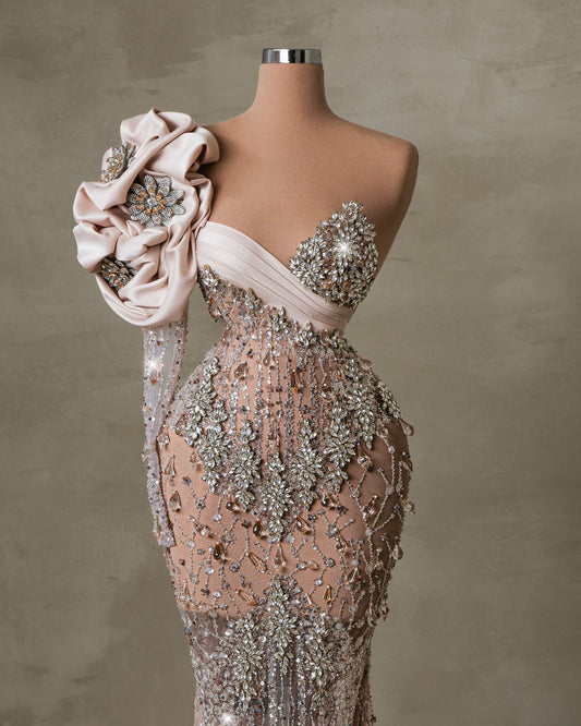 Aveline Nude Crystal Dress Flower Shoulder Detail