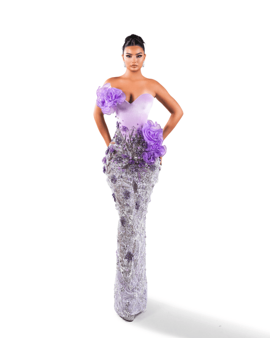 Baona Purple Long Sleeveless Dress with Crystals and Flowers