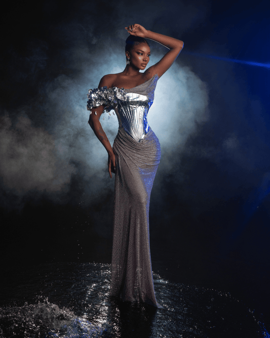 Baore Silver Dress with Flowers and Metallic Leather