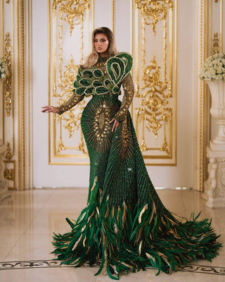 Emerald Green Dress with Gold Details - Luxurious Lace Evening Gown