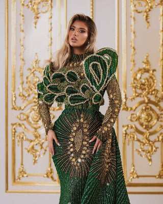 Elegant Long Sleeve Emerald Green Dress with Gold Embellishment