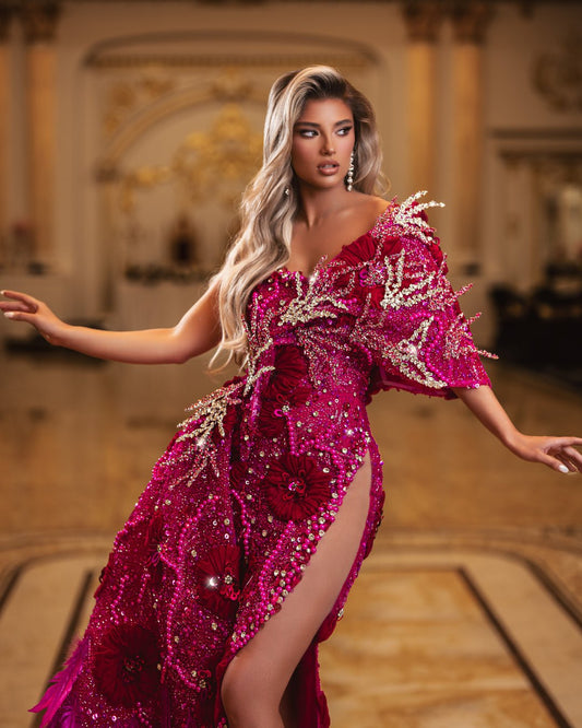 Betsy Pink Dress with Silver Crystals and Feathers