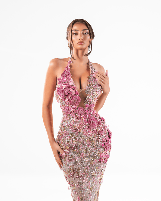 Blenea Pink Long Sleeveless Dress with Crystals and Feathers