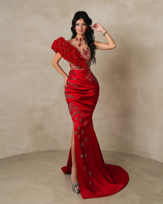 Boreas Red Long Gown With Crystals