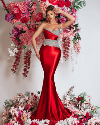 Elegant sleeveless red dress with shimmering silver stones