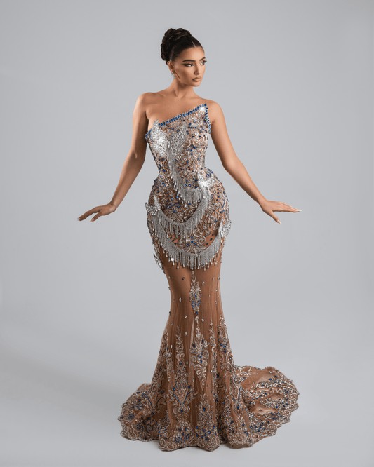 Buterfly Long Dress, with Crystals and 3D Design