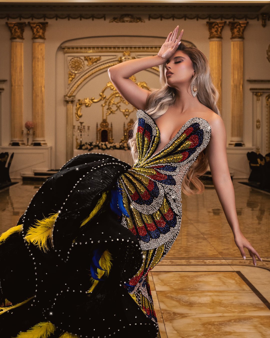 Sleeveless black dress with deep V neckline