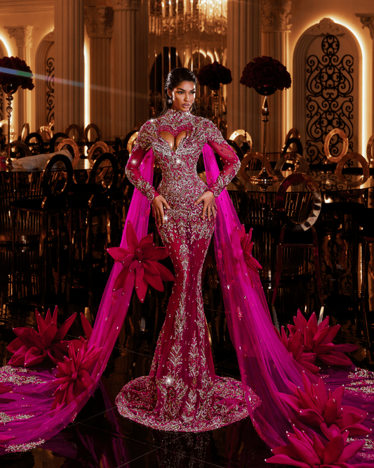 Calesta Pink Long Dress with Flowers and Side Capes