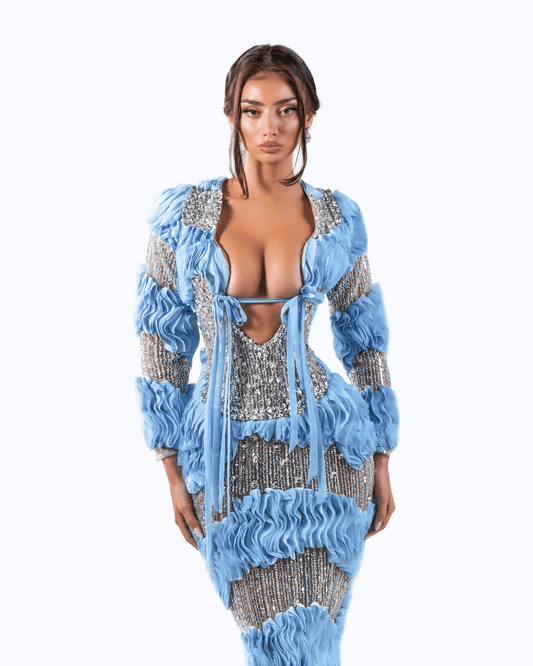 Calone Blue Long Dress with Crystals and Cut-Outs