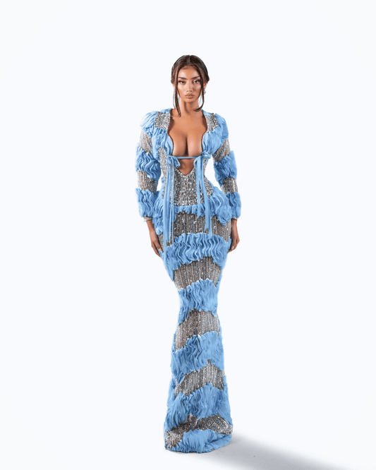 Calone Blue Long Dress with Crystals and Cut-Outs