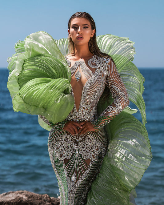 Calypso Light Green Dress with Ruffled Cape