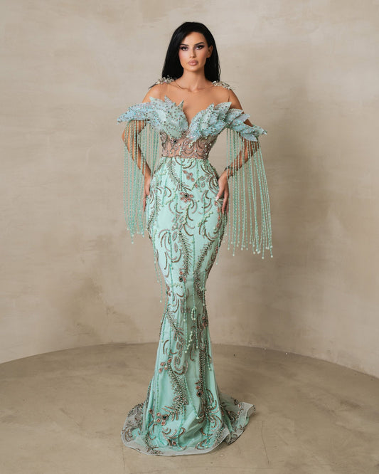 Calypso Mint Long Gown With Crystals And Sparkles