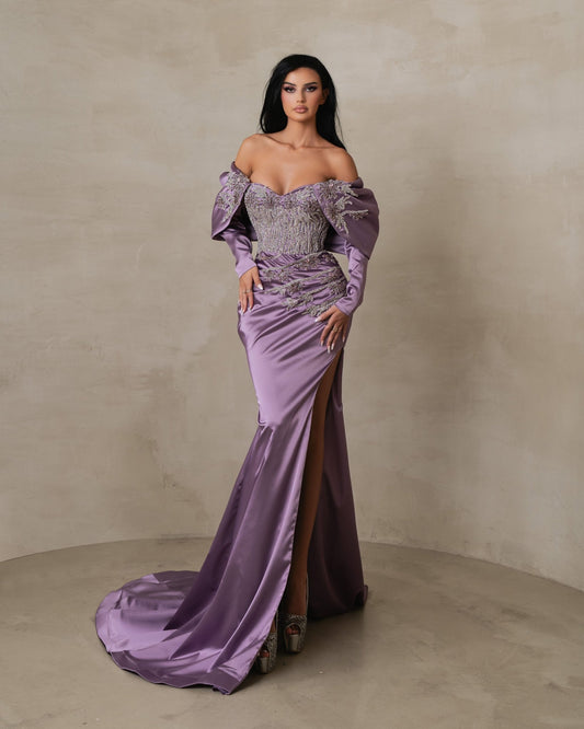 Calypthia Off Shoulder Purple Satin Dress with Deep Slit