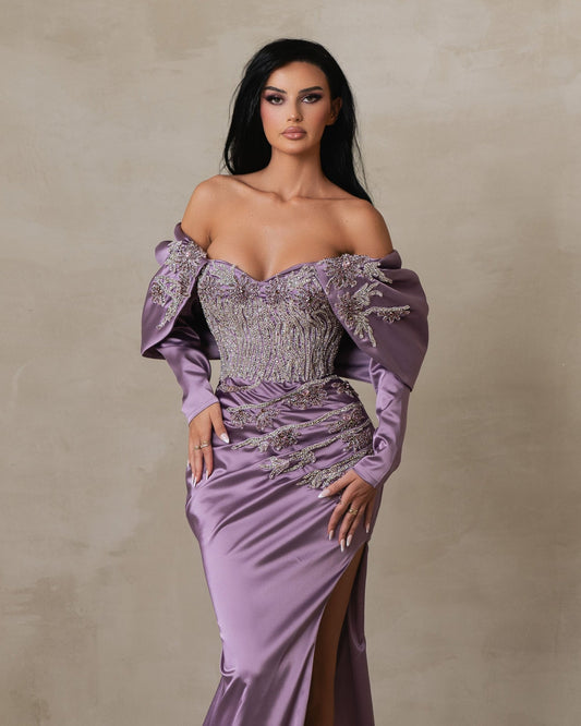 Calypthia Off Shoulder Purple Satin Dress with Deep Slit