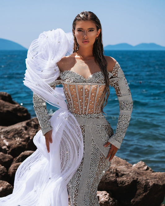 Cassiopeia Silver Dress with Ruffled White Cape