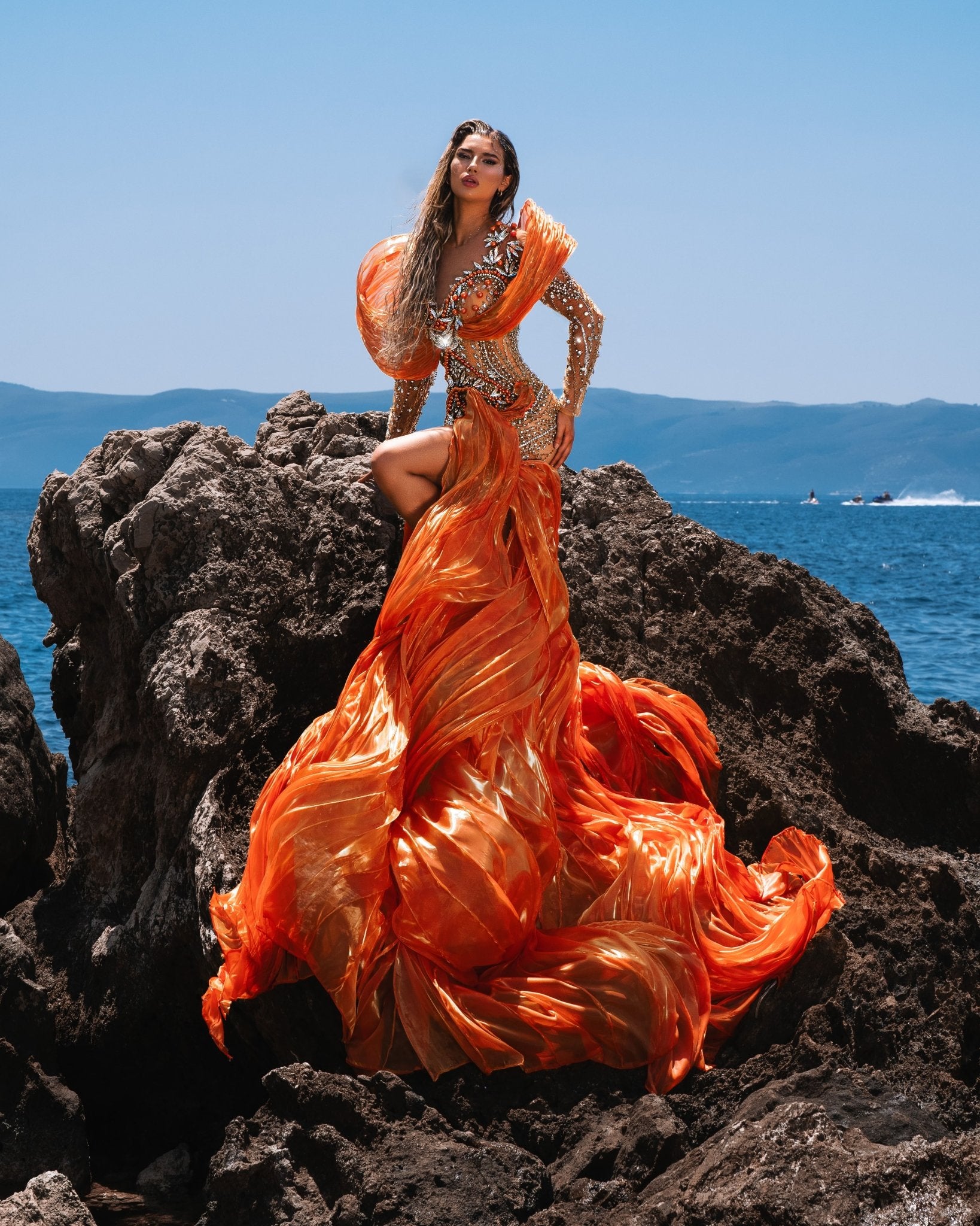Coralina Orange Dress with Organdy Shoulder Details and Skirt Blini Fashion House Deep Slit Deep V Neckline Gown Blini Fashion House