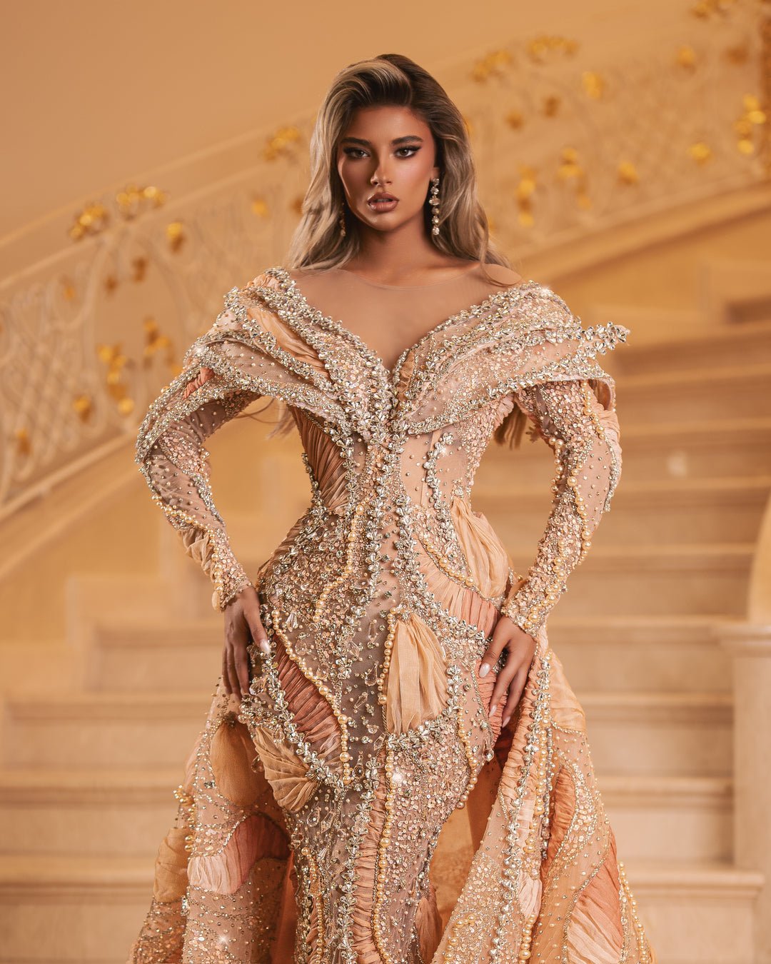 Peach Lace Dress with Sparkle, Beads, and Stones