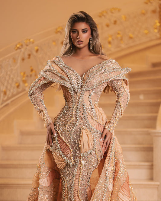 Peach Lace Dress with Sparkle, Beads, and Stones