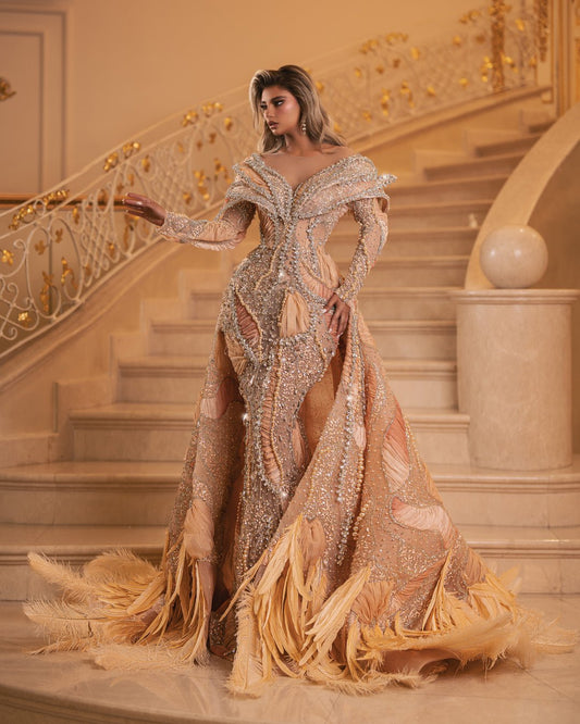 Elegant Off-the-Shoulder Peach Dress with Detachable Overskirt