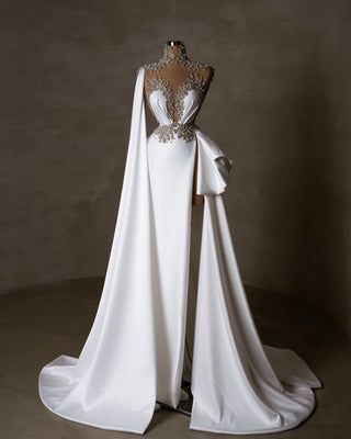 White Satin Bridal Dress with Intricate Crystal and Pearl Embellishments