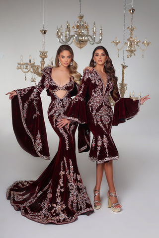 Burgundy Velvet Dresses - Luxurious Evening Gown with Stone Embellishments