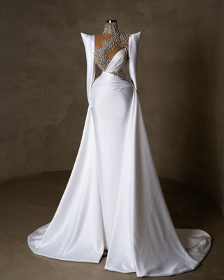  High-Neck Bridal Gown Adorned with Crystals and Pearls