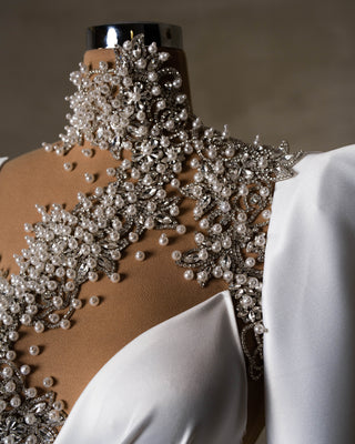 High-Necked Bridal Gown with Crystals and Pearls