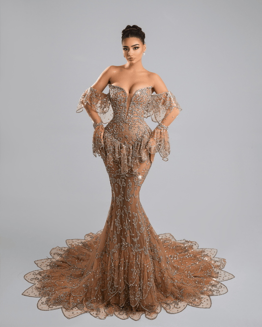 Delias Nude Long Dress, Off Shoulder with Crystals