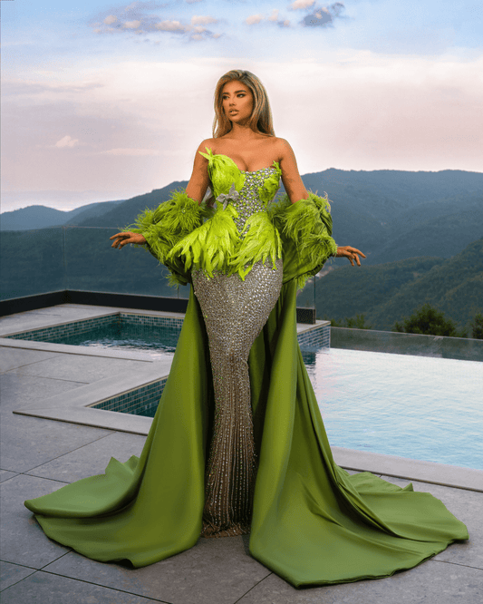 Deore Green Dress with Feathers and Crystals